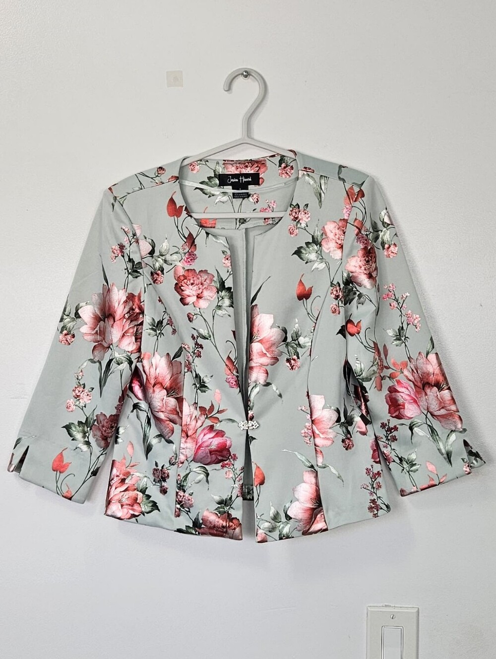 Jessica Howard Mint Green Floral Open Blazer with Pink Blooms
